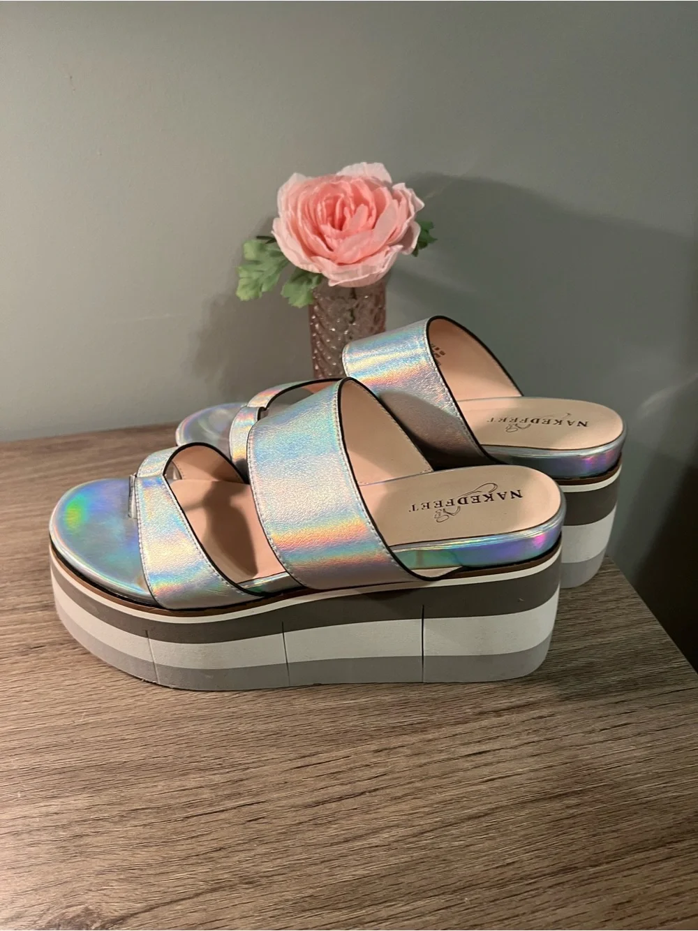 Naked Feet Iridescent Holographic Platform Slide Sandals - Silver
